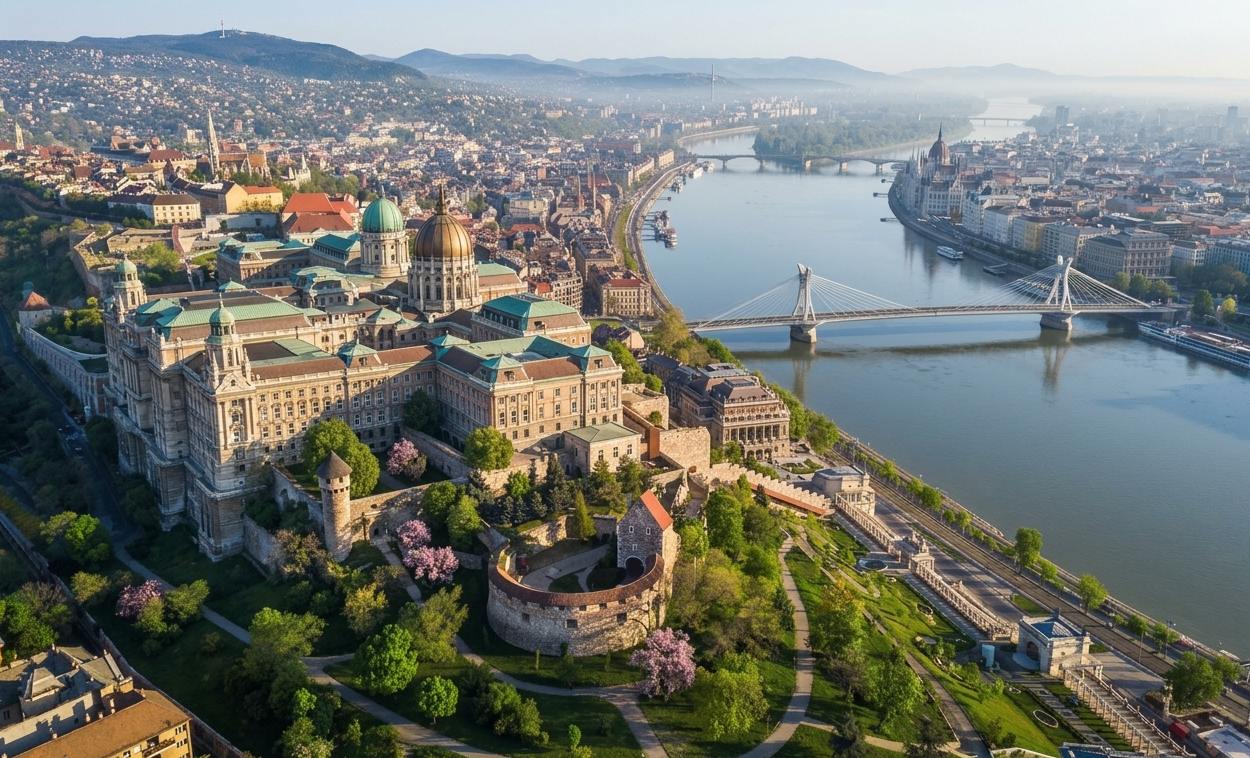 Légi felvétel a Duna-parti történelmi várkomplexumról és a folyót átívelő modern hídról egy napsütéses reggelen.