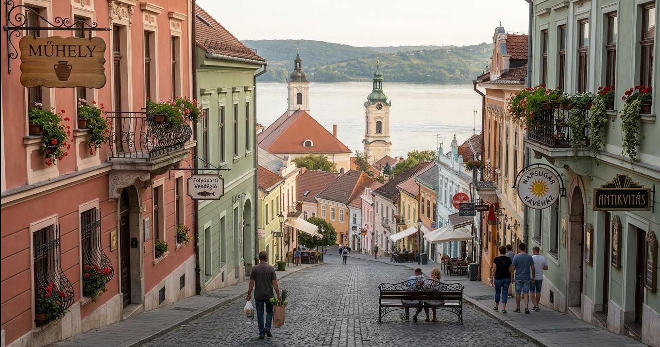 Egy meredek, macskaköves utca látképe egy történelmi kisvárosban, Szentendrén, Magyarországon.